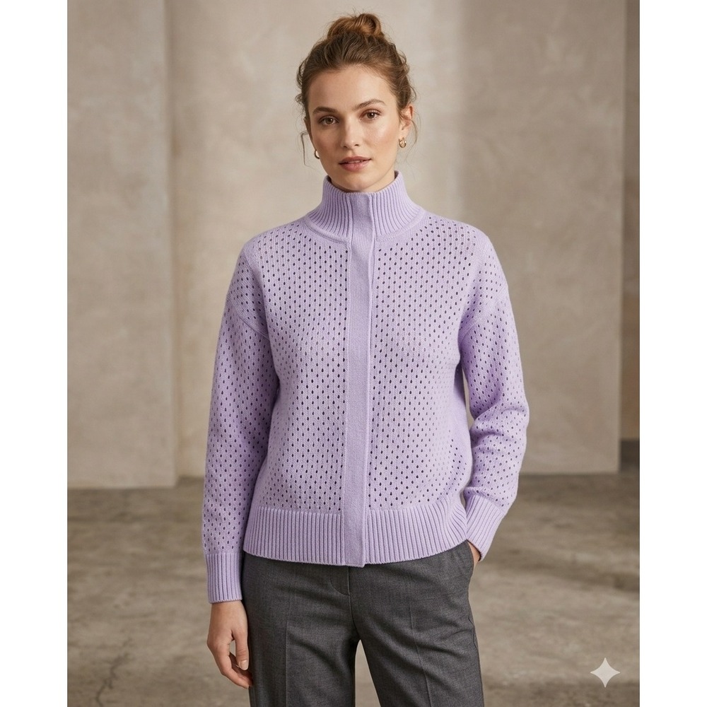 T by Talbots Lilac Purple Pointelle Snap Front Mock Neck Cardigan Sweater LP